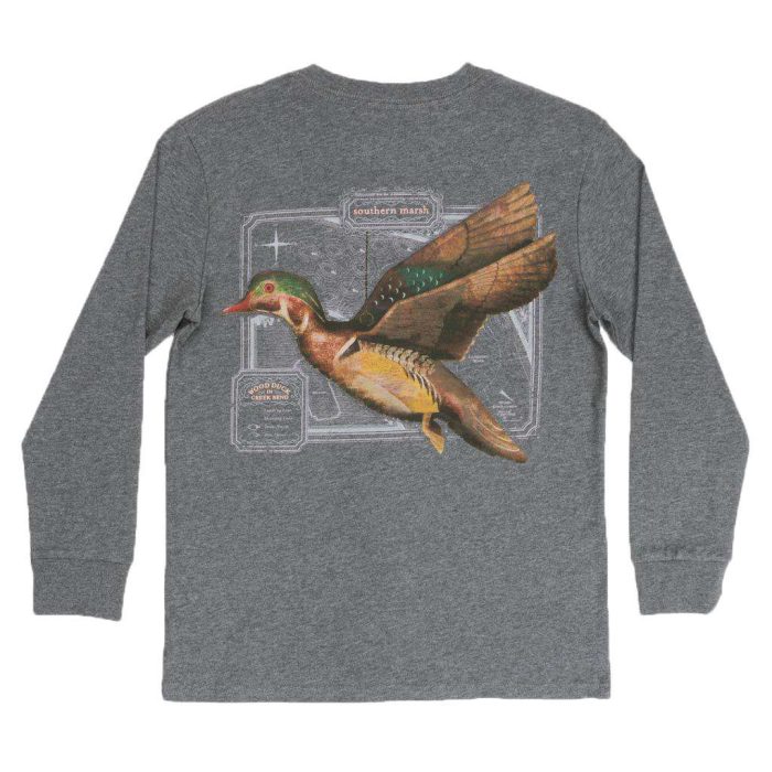 Youth Long Sleeve Vintage Decoy Wood Duck Tee in Midnight Gray by Southern Marsh